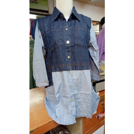 Kemeja Jeans Kombinasi Katun Wanita Baju Atasan Wanita Kasual Cantik