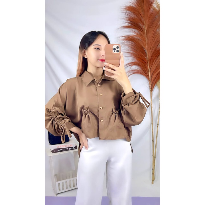 Tq88indonesia Baju Kemeja Wanita Serut / SHAVA BLOUSE / SEORINA SHIRT / Kem Polos Lengan Panjang / Ootd