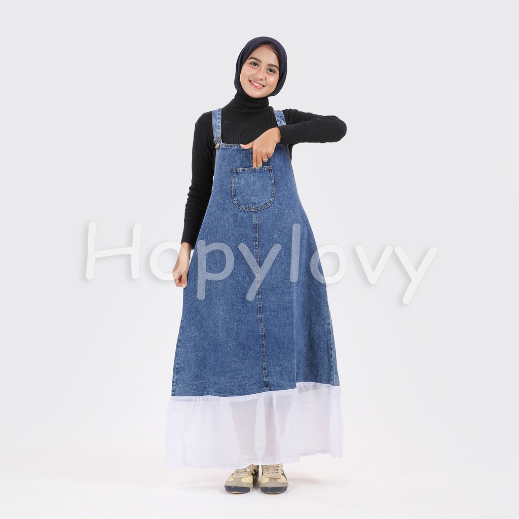 HOPYLOVY - Overall Rok Panjang Jeans Washed Aura Kombinasi Sifon Putih