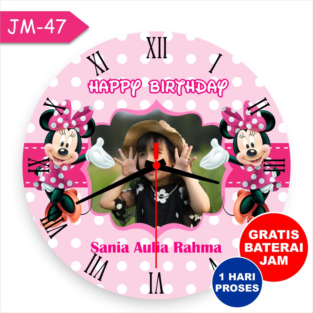Jam dinding kamar anak cewek kayu murah pink minnie mouse mikey mickey mini kecil custom nama ultah
