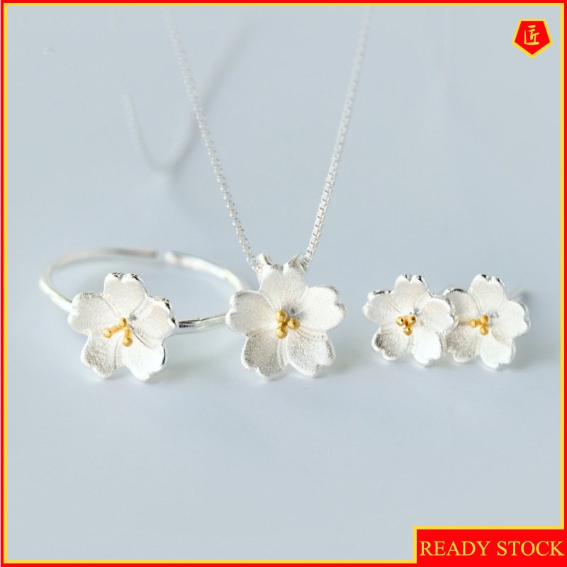 [Ready Stock]Silver Sakura Ring Earings Set Female Korean Style Simple Classic