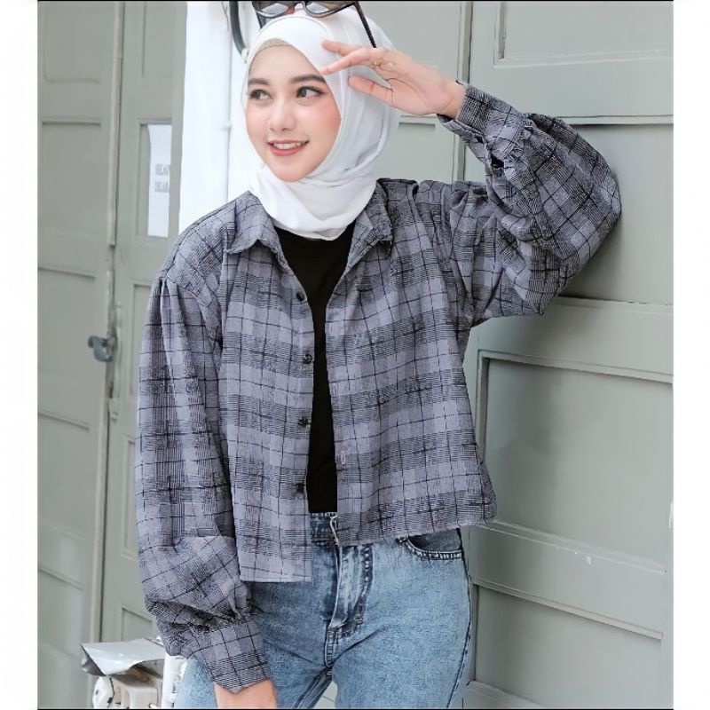 BOXA KEMEJA CROP MOTIF KOTAK BAHAN WOLFIS PREMIUM HIGH QUALITY100%ORIGINAL100%