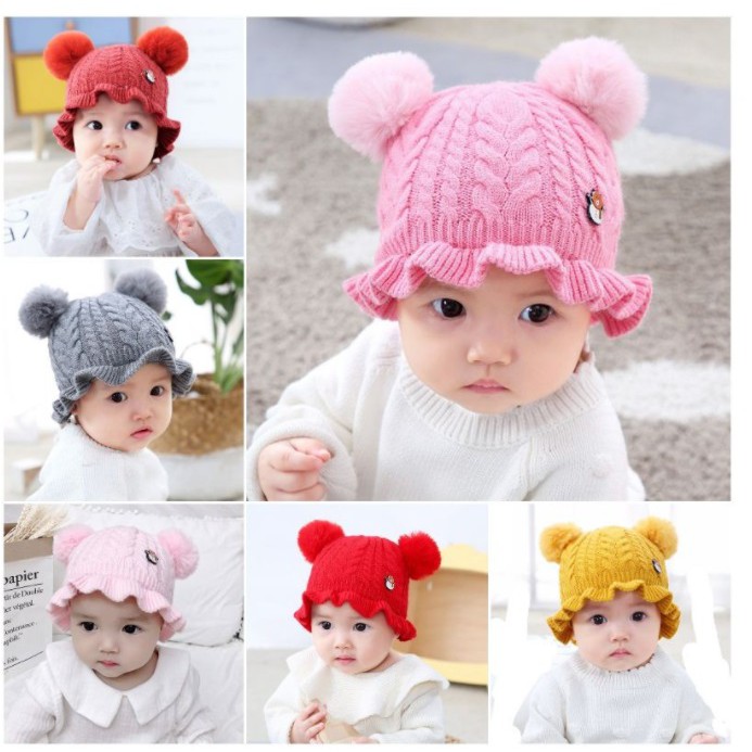 Topi Rajut Pom casual lucu bayi laki laki perempuan baby knitted hat pin bear CBKS VC