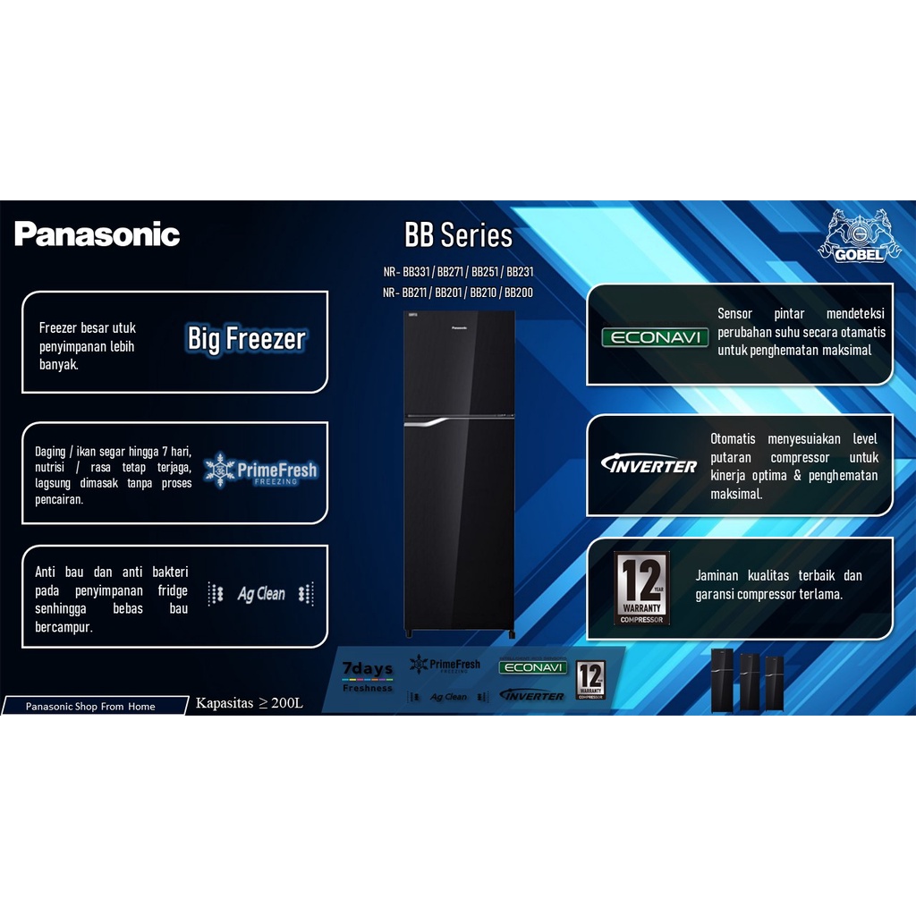 KULKAS 2 PINTU PANASONIC 303 LITER PRIME FRESH NR-BB 331 Q Hitam Silver