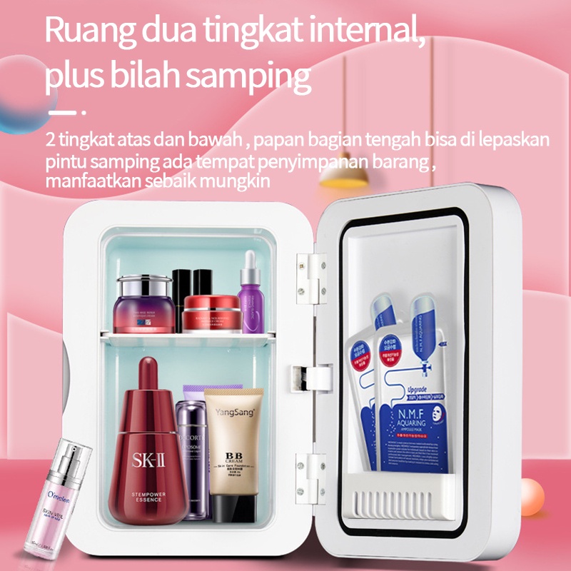 8L Kulkas Skincare Mini Fridge LED Mirror Minifridge Portable Cermin Skin Care Minifridge Kosmetik Makanan