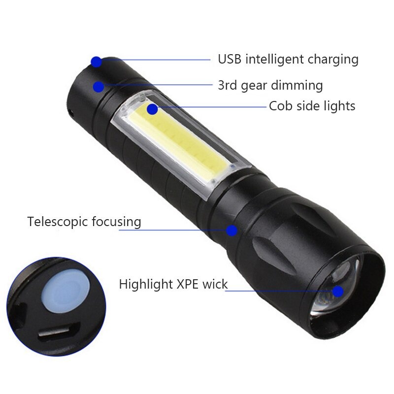 Senter LED Mini USB Senter Mini Led Usb Superterang Rechargeable Q5+COB 2300 Lumens