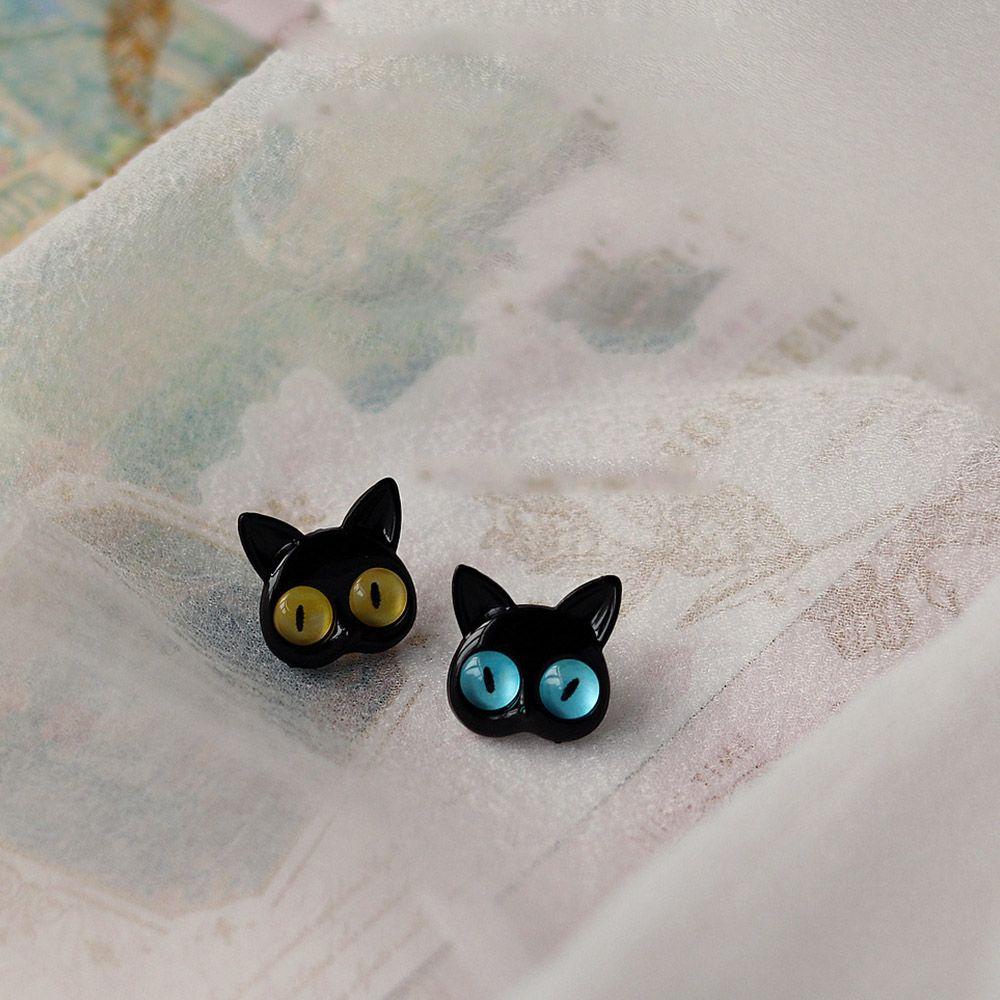 Needway Anting Wanita Temperamen Lucu Gadis Hadiah Aksesoris Pesta Kucing Hitam Alloy Asimetris Telinga Stud