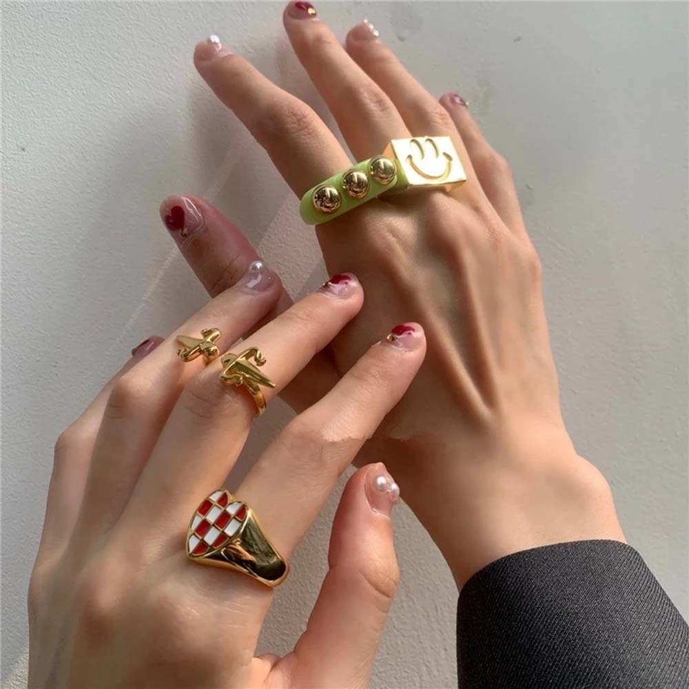 Needway  Punk Open Ring Girls Fashion Jewelry Metal Rings Creative Enamel Summer Korean Geometric Lattice Finger Rings