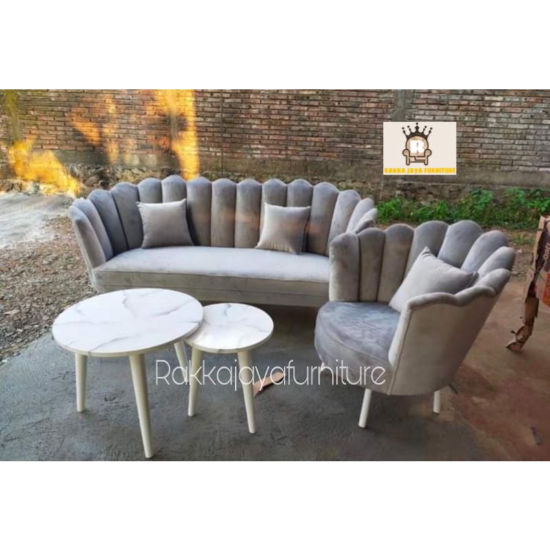 SET SOFA TAMU SCALOP/KERANG RETRO MININIMALIS