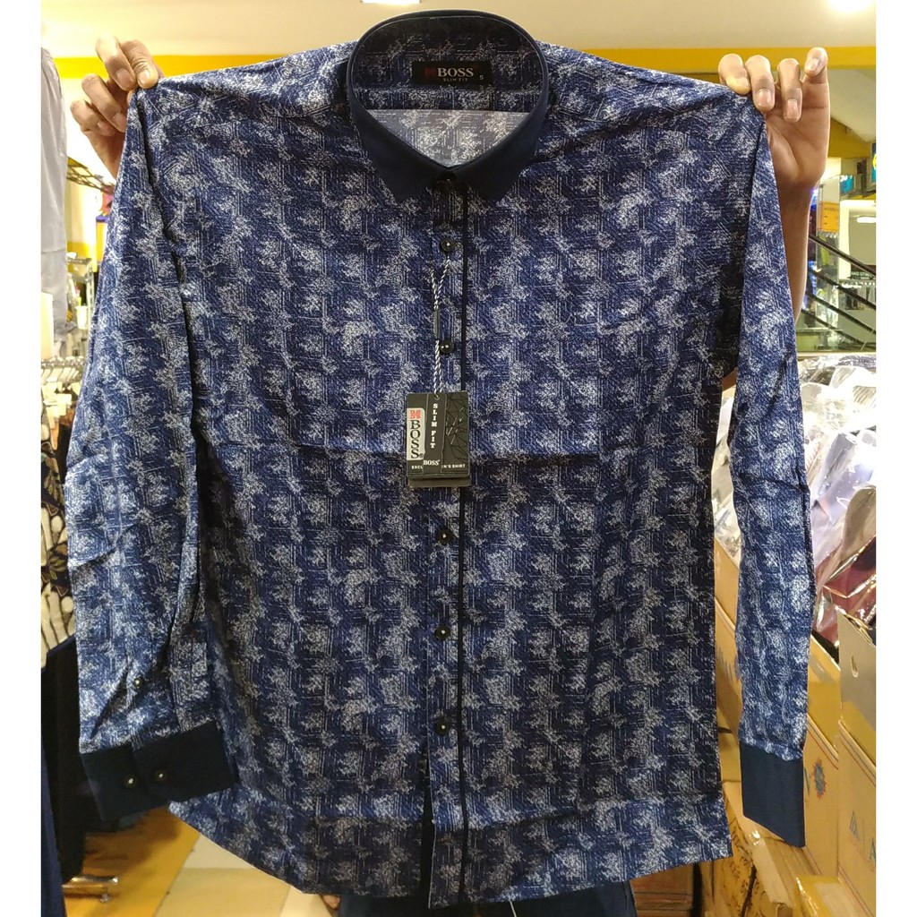 Kemeja Pria Boss Panjang Slimfit Misty Style Biru Abu Tua Casual