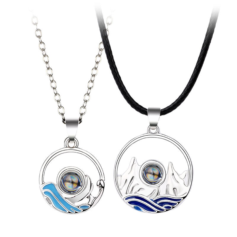 Black 2Pcs 100 Different Language I Love U Nanotechnology Lover Pendant Necklace Mountain Range Ocean Wave Lovers Jewelry Set