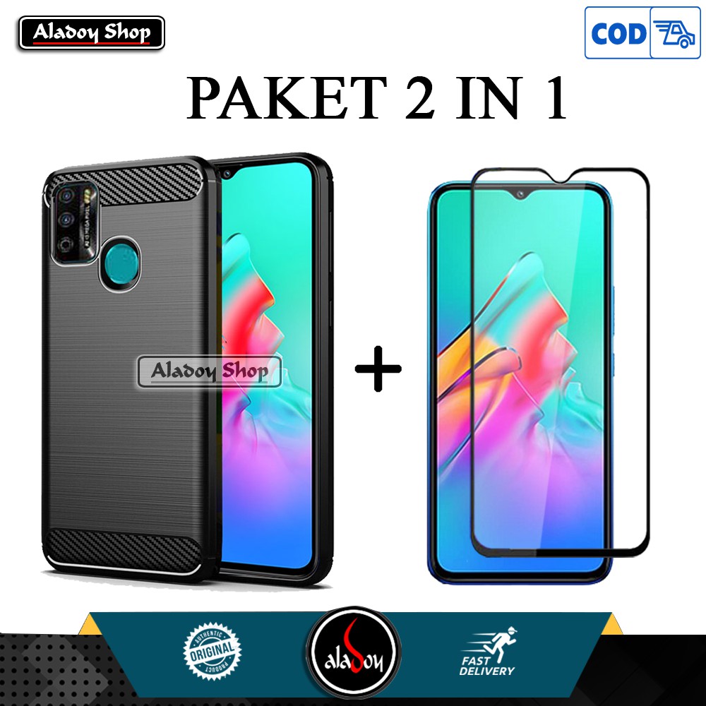 Soft Case Infinix Smart 5 New Casing Carbon + Tempered Glass Full Layar