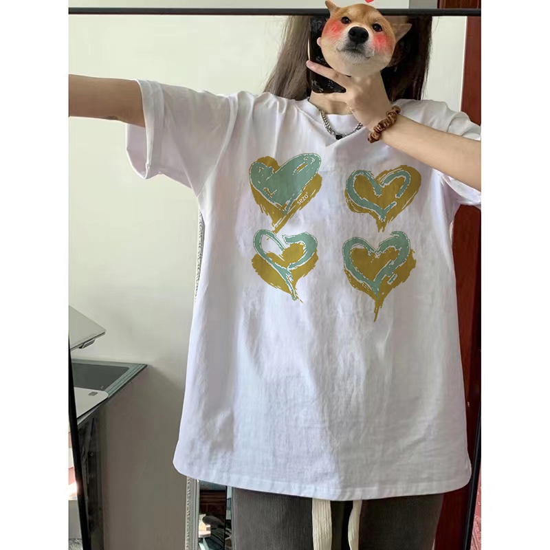 EUNII T-shirt  Lengan Pendek Coretan Hati Manis Longgar Korean Style/Kaos Atasan Wanita/Baju Kaus Oversize Wanita