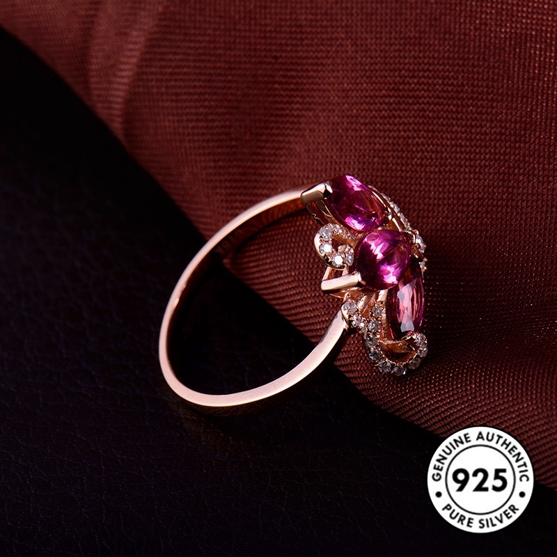 Cincin Sterling Silver 925 Model Tetesan Air Dengan Ruby Warna Rose Gold Untuk Wanita