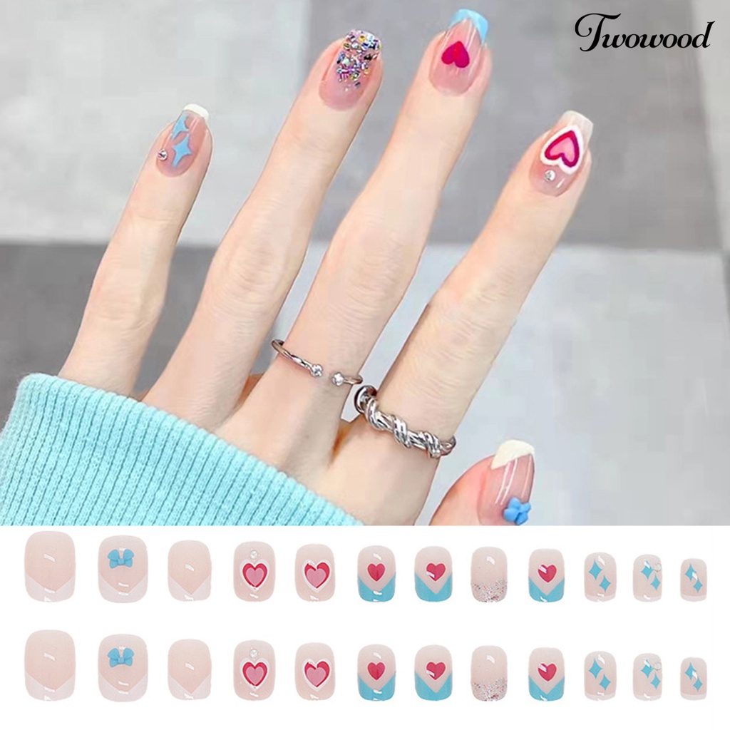 Twowood 24Pcs / Kotak Kuku Palsu Motif Pita Pink Bahan ABS Untuk Pemula