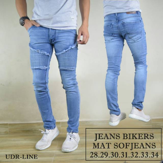 Celana Jeans Pria Skinny Biker Motor Ripped Knee Rips Sobek Robek Black Denim Streact Berkualitas