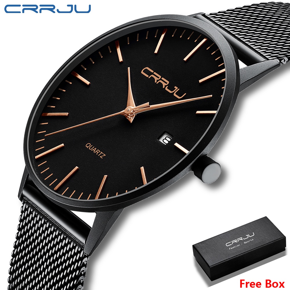 Jam Tangan Pria Asli CRRJU Kasual Stainless Steel Elegan Stainless Steel Mesh Strap Hitam Olahraga Premium Tahan Air Band Jam Kalender + Free Box