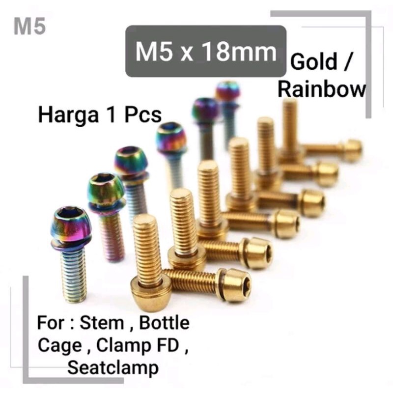 Satuan 1 Pcs Baut  Titanium Ti Plated Gold-Rainbow Pelangi Bolt M5 x 18mm Baut Stem Clamo FD sepeda mur baut stem stang