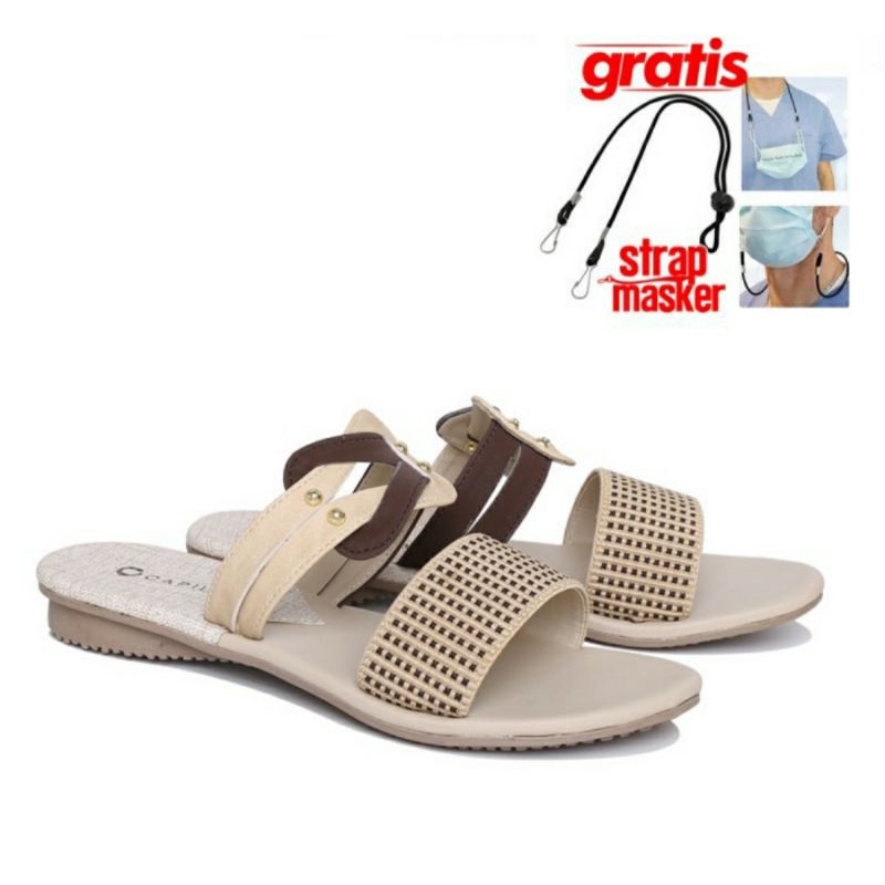 Sandal Wanita Murah CZ-1 Teplek Kasual Slop Bagus Cewek Krem, 36