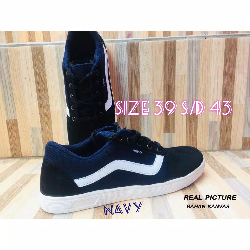 SEPATU VANS OLDSKOOL BLACK WHITE AND NAVY WHITE PRIA WANITA SNEAKERS PREMIUM VANS