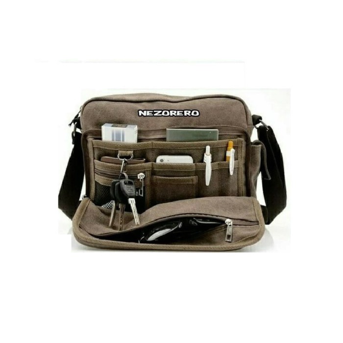 Tas Selempang Pria KANVAS MULTIFUNGSI BANYAK KANTONG MUAT IPAD Hitam Terbaru Waterproof Kekinian Dis