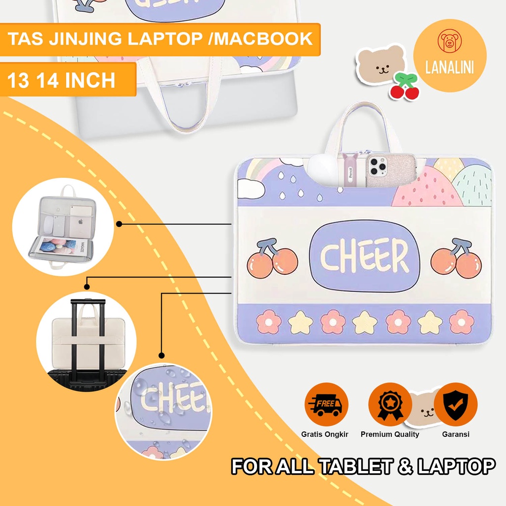 Sleeve Pouch Sarung Tas Bag Case Ipad Tab Tablet Macbook Air Pro Laptop Asus Acer Lenovo HP Huawei 11 12 13 14 15 inch Motif Gambar Cherry Warna Biru Pink Lucu Cute Murah Korean Model Jinjing Tali Strap