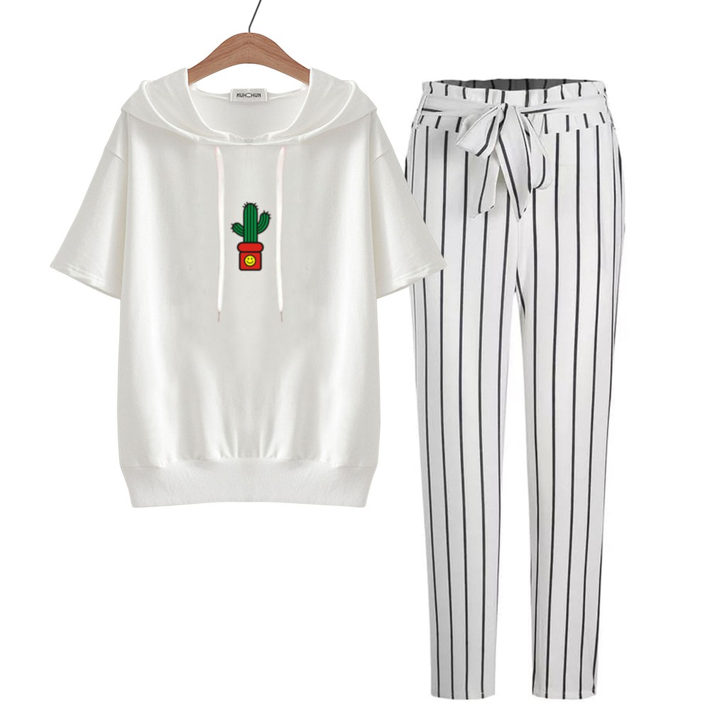 BESS - Baju Setelan Wanita Murah / Setelan Hoodie Crop Lengan Pendek + Celana Salur Putih - KAKTUS