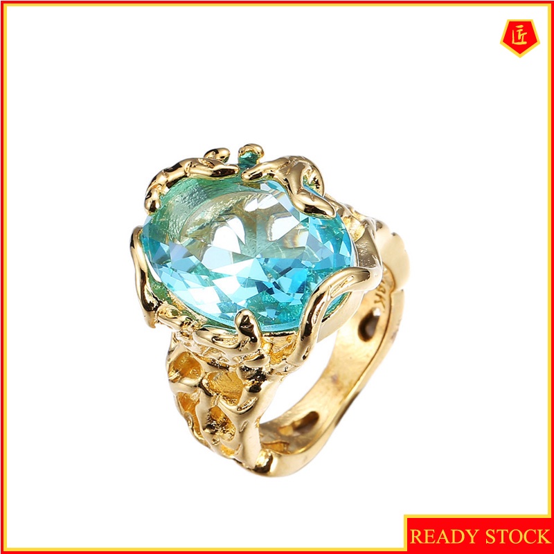 [Ready Stock]Fashion Elegant 18K Gold Blue Crystal Hollow Ring