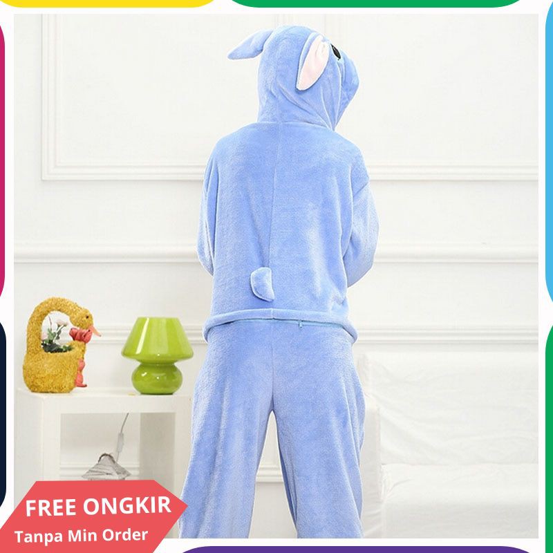 Kigurumi Musim Dingin Hangat Stitch Piyama Wanita Flanel Hewan Onesie Anime Cosplay Kostum Lengan