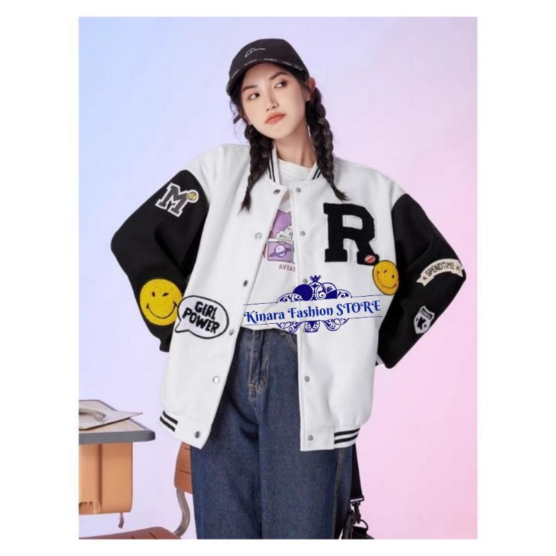 Sweater Crewneck Jaket Outerwear Pakaian Pria Wanita Oversize Korean Style R BASEBALL WHITE BLACK