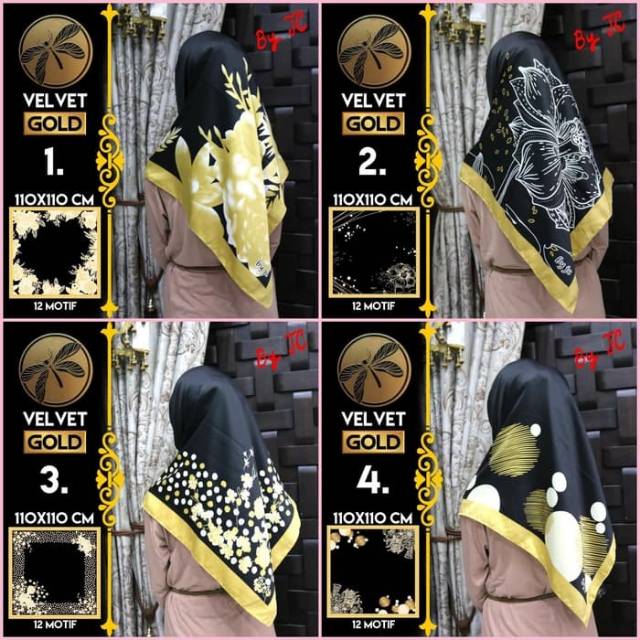 Jilbab Segi Empat Satin Black By Golden / Velvet gold