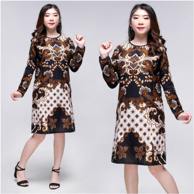 Dress Batik Jumbo 4L-5L Atasan Tunik Batik Big Size Modern XXXL Lengan Panjang SVR-Htm