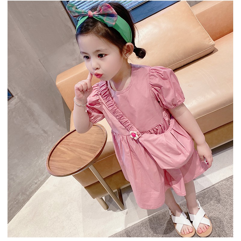 Baju Dress Anak Perempuan Polos  Lengan Pendek Packet Mini Tas Gaun Lucu Style Fashion Import