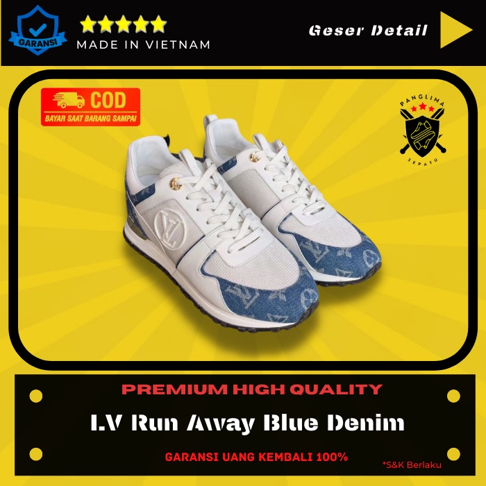 Sepatu Sneakers Wanita Lv Louis Vuitton Run Away White Denim Blue Premium Original