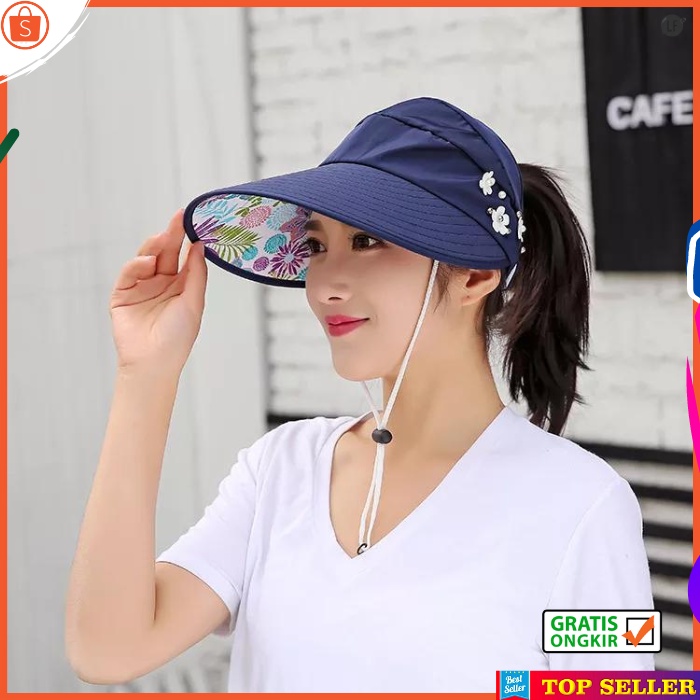 Topi Visor Pantai Wanita Dewasa Korea Kekinian Motif Bunga Navy Golf Cap Girl Fashion BEST K2