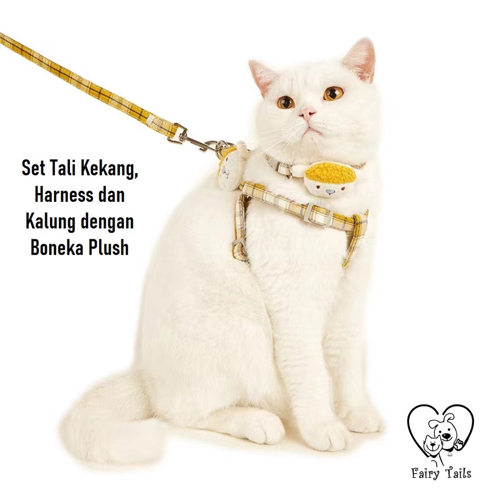 Set Tali Tuntun Tali Kekang dengan Harness Boneka Plush | Pet Cat Dog Set of Leash, Harness