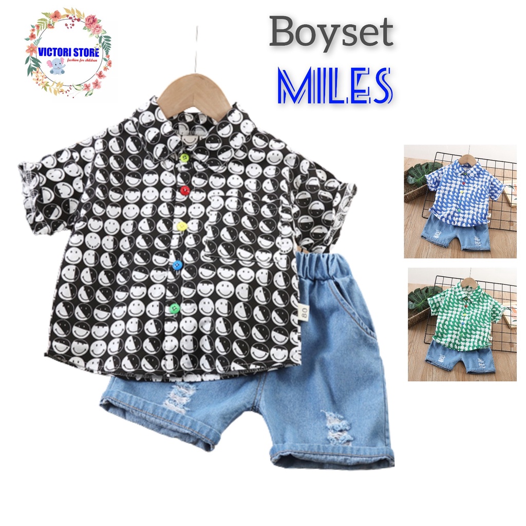 Setelan Anak Laki Laki Jeans Set MILES Baju Anak Kemeja dan Celana Jeans Musim Panas Korean Style Import