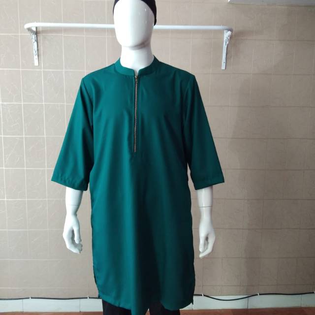 Baju KokoAbbi Muslim Pria Pakistan Zipper Hijau botol bahan katun