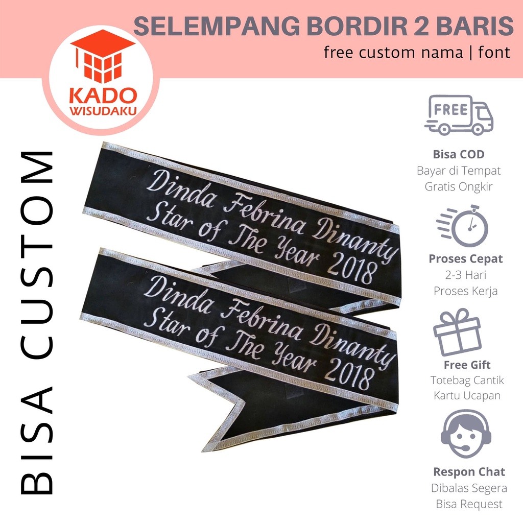 Selempang Wisuda Bordir 2 Baris Custom Nama