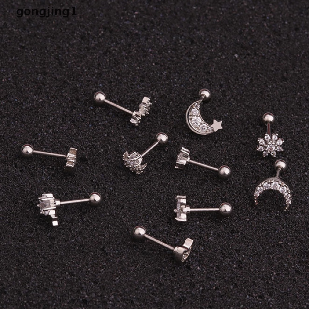 Anting Stud Kristal Berlian Imitasi Bentuk Bulan Matahari Helix Cartilage Body Piercing