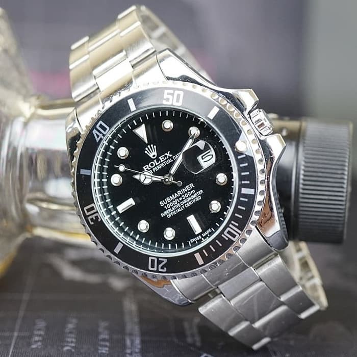 Jam Tangan Rolex Pria Tanggal Aktif Free Box - Silver plat Hitam