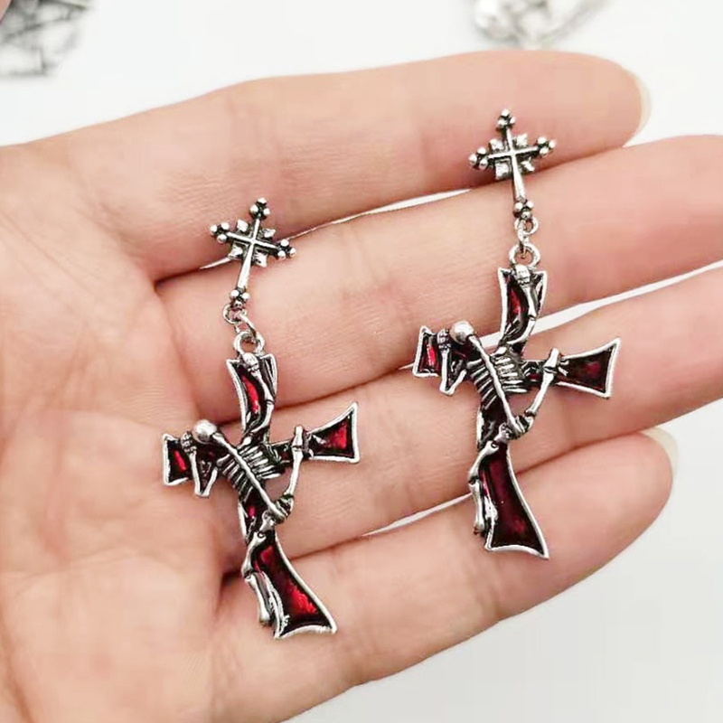 Siy 1 Pasang Anting Tusuk Gantung Bahan Metal Desain Salib Merahberlian Imitasi Gaya Gothicpunk Untuk Wanita