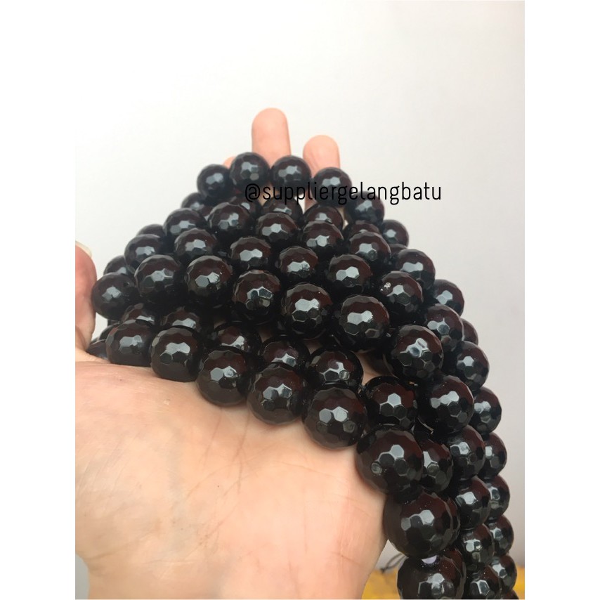 batu obsidian black onyx FACETED 16mm cutting UKIR bahan gelang kalung aksesoris craft model terkini