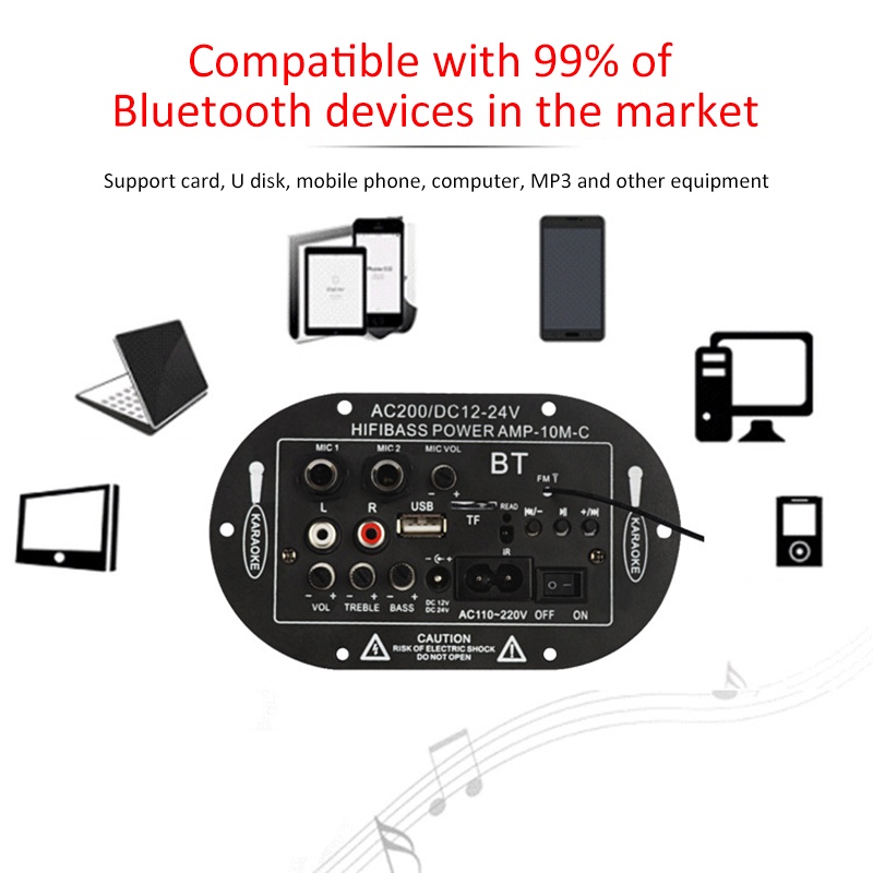 【Barang Tersedia】8/10 inch 12V/24V/220V Amplifier Board Audio Bluetooth USB FM Radio TF Player Subwoofer 35W Taffstudio Amplifier