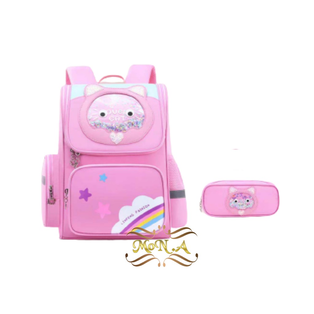[MONA] 2 N 1 Tas Ransel Motif Kucing untuk Perempuan + Tempat Pensil -Kualitas Premium -M0173