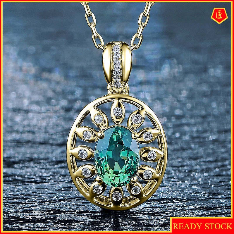 [Ready Stock]Fashion Inlaid Blue and Green Gemstone Pendant Necklace