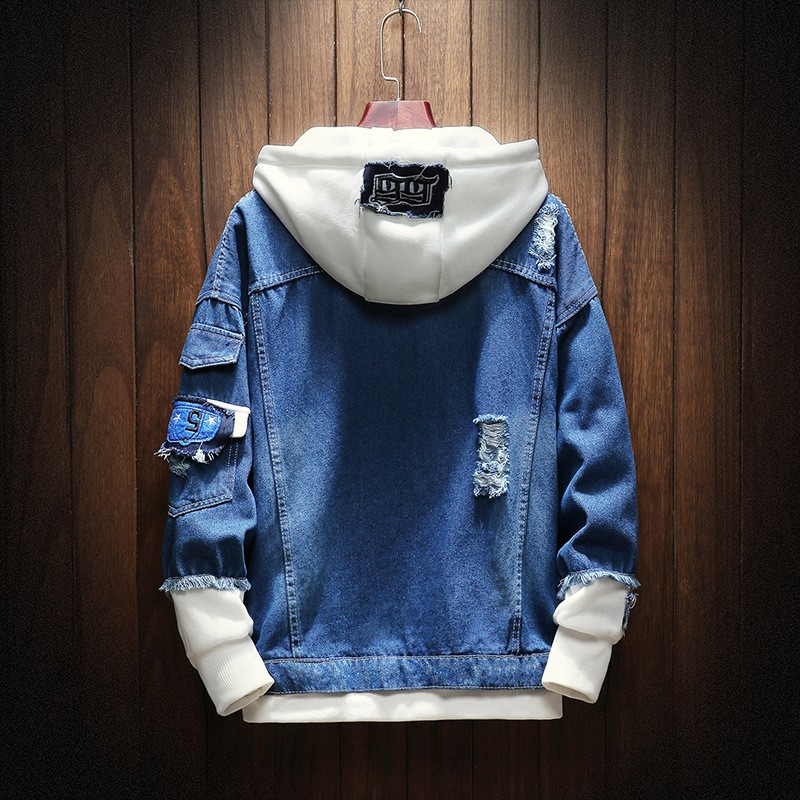 Jaket Jeans Denim Model Jahitan Hoodie untuk Fashion Pria KN7705