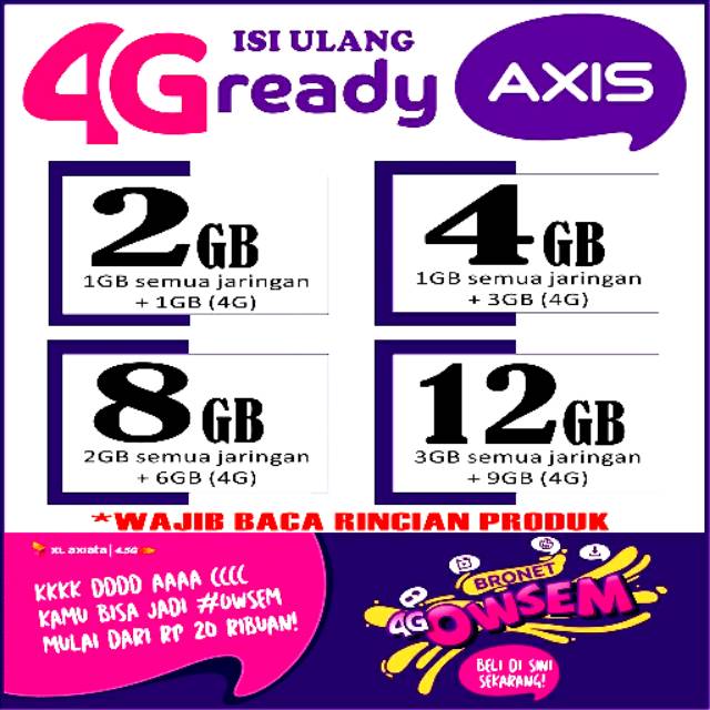 VOUCHER PAKET DATA KUOTA INTERNET AXIS 4G BRONET AIGO MURAH 2GB 4GB 8GB 12GB 24JAM