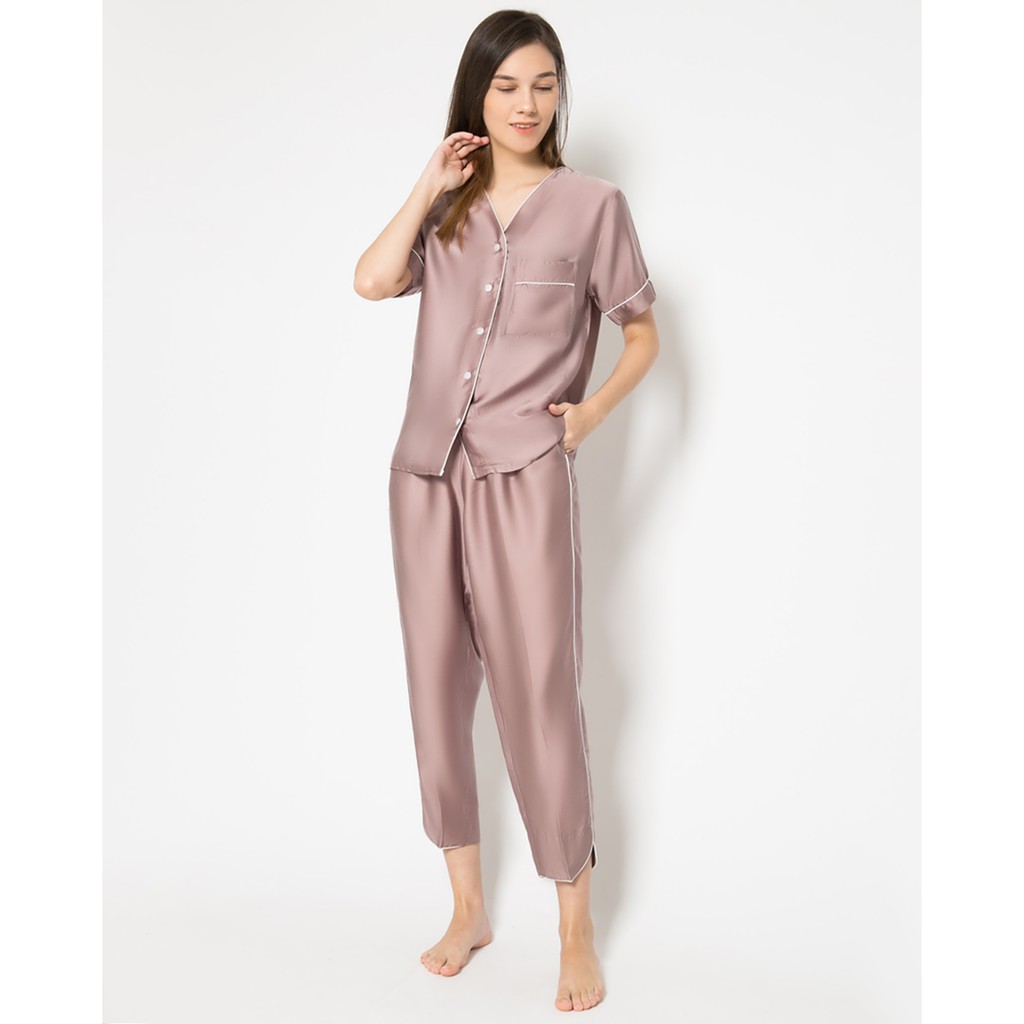 Mauve ORGANIC SILK Non-Collar Pajamas  Set Tencel Piyama-3