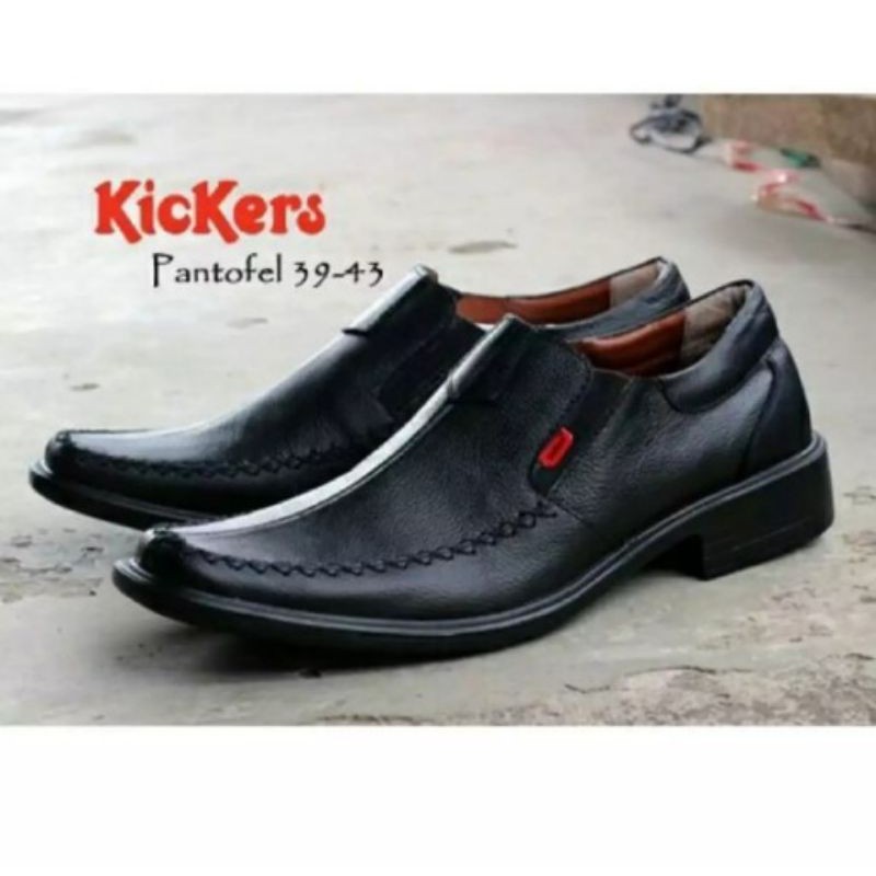 Sepatu Pantofel Hitam Pria Kickers Tanpa Tali Pendek Kulit Asli Formal Kerja Kantor